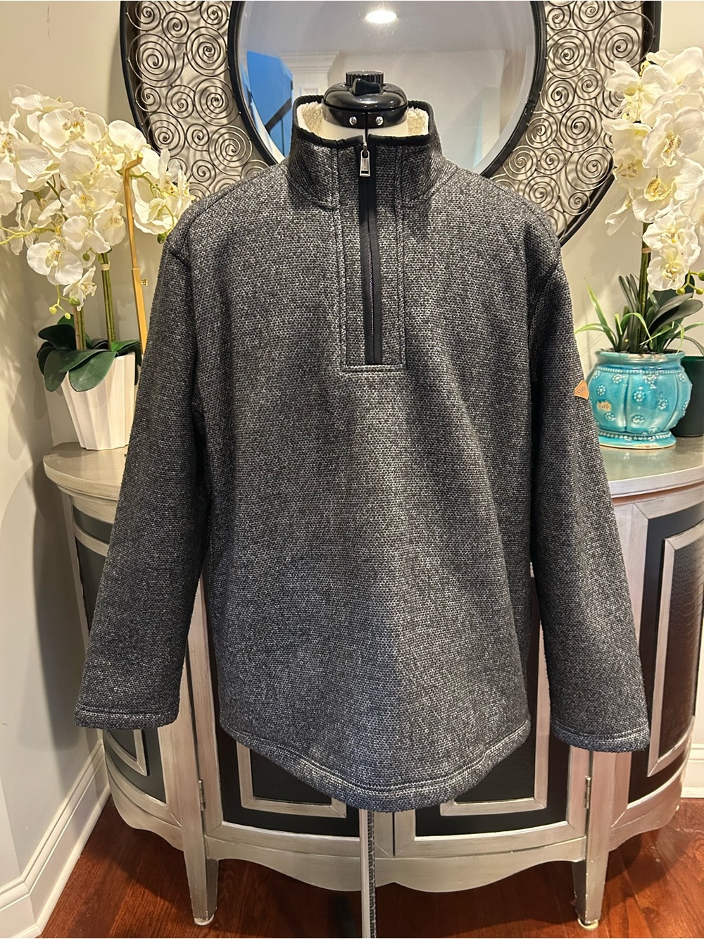 Orvis Mens XL Sherpa Lined Quarter Zip Pullover Sweater Charcoal Fleece